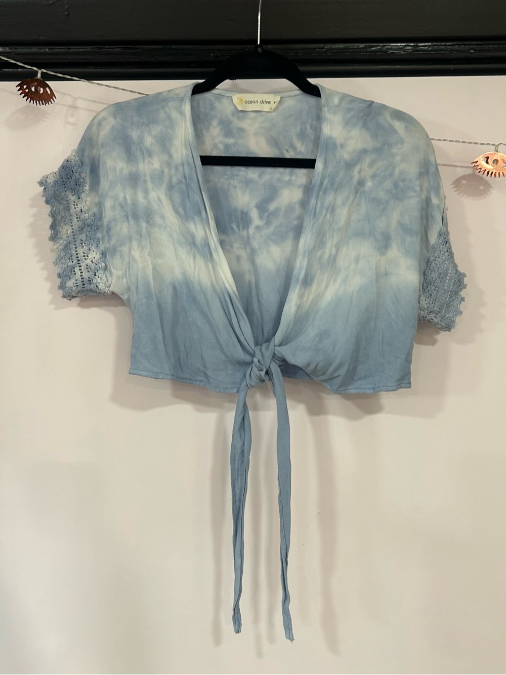 Ocean Drive Blue Tie-Front Cropped Top & bottoms crochet sleeves & bottom sides